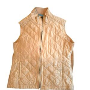 J. McLaughlin Silk Quilted Vest Large Tan Full Zip with Pockets Ribbed Sides